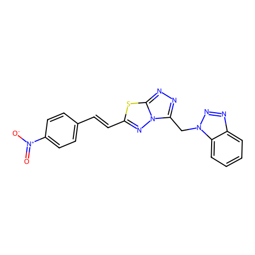(E)-3-((1H-benzo[d][1,2,3]triazol-1-yl)methyl)-6-(4-nitrostyryl)-[1,2,4]triazolo[3,4-b][1,3,4]thiadiazole structure