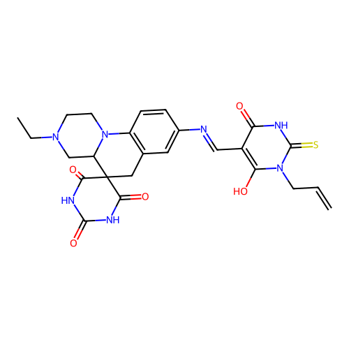 (Z)-8-(((1-allyl-2-mercapto-4,6-dioxo-1,6-dihydropyrimidin-5(4H)-ylidene)methyl)amino)-3-ethyl-1,2,3,4,4a,6-hexahydro-1'H-spiro[pyrazino[1,2-a]quinoline-5,5'-pyrimidine]-2',4',6'(3'H)-trione structure