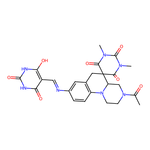 3'-acetyl-1,3-dimethyl-8'-[(2,4,6-trioxo-1,3-diazinan-5-ylidene)methylamino]spiro[1,3-diazinane-5,5'-2,4,4a,6-tetrahydro-1H-pyrazino[1,2-a]quinoline]-2,4,6-trione structure