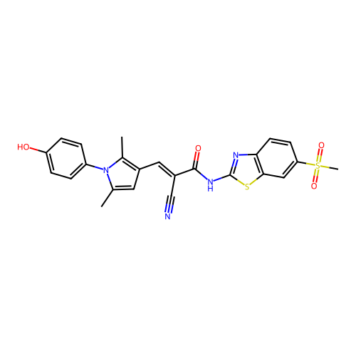 (2E)-2-cyano-3-[1-(4-hydroxyphenyl)-2,5-dimethyl-1H-pyrrol-3-yl]-N-[(2Z)-6-(methylsulfonyl)-1,3-benzothiazol-2(3H)-ylidene]prop-2-enamide structure