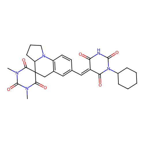 (E)-7'-((1-cyclohexyl-2,4,6-trioxotetrahydropyrimidin-5(2H)-ylidene)methyl)-1,3-dimethyl-2',3',3a',5'-tetrahydro-1H,1'H-spiro[pyrimidine-5,4'-pyrrolo[1,2-a]quinoline]-2,4,6(3H)-trione structure