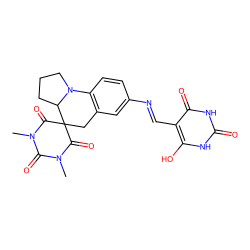 1,3-dimethyl-7'-(((2,4,6-trioxotetrahydropyrimidin-5(2H)-ylidene)methyl)amino)-2',3',3a',5'-tetrahydro-1H,1'H-spiro[pyrimidine-5,4'-pyrrolo[1,2-a]quinoline]-2,4,6(3H)-trione structure