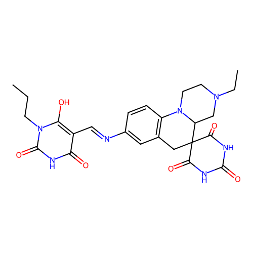 (Z)-3-ethyl-8-(((2,4,6-trioxo-1-propyltetrahydropyrimidin-5(2H)-ylidene)methyl)amino)-1,2,3,4,4a,6-hexahydro-1'H-spiro[pyrazino[1,2-a]quinoline-5,5'-pyrimidine]-2',4',6'(3'H)-trione structure