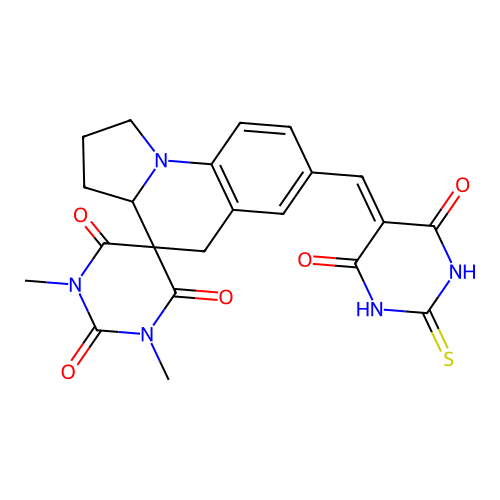 (Z)-7'-((2-mercapto-4,6-dioxo-1,6-dihydropyrimidin-5(4H)-ylidene)methyl)-1,3-dimethyl-2',3',3a',5'-tetrahydro-1H,1'H-spiro[pyrimidine-5,4'-pyrrolo[1,2-a]quinoline]-2,4,6(3H)-trione structure
