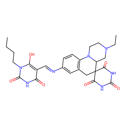 (Z)-8-(((1-butyl-2,4,6-trioxotetrahydropyrimidin-5(2H)-ylidene)methyl)amino)-3-ethyl-1,2,3,4,4a,6-hexahydro-1'H-spiro[pyrazino[1,2-a]quinoline-5,5'-pyrimidine]-2',4',6'(3'H)-trione structure