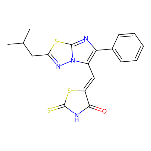 (Z)-5-((2-isobutyl-6-phenylimidazo[2,1-b][1,3,4]thiadiazol-5-yl)methylene)-2-thioxothiazolidin-4-one structure