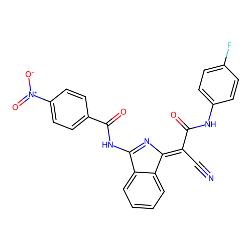 N-[(3Z)-3-[1-cyano-2-(4-fluoroanilino)-2-oxoethylidene]isoindol-1-yl]-4-nitrobenzamide structure