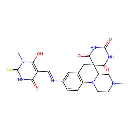 (5Z)-5-{[(2',6'-dihydroxy-3-methyl-4'-oxo-2,3,4,4a-tetrahydro-1H,4'H,6H-spiro[pyrazino[1,2-a]quinoline-5,5'-pyrimidin]-8-yl)amino]methylidene}-1-methyl-2-sulfanylpyrimidine-4,6(1H,5H)-dione structure