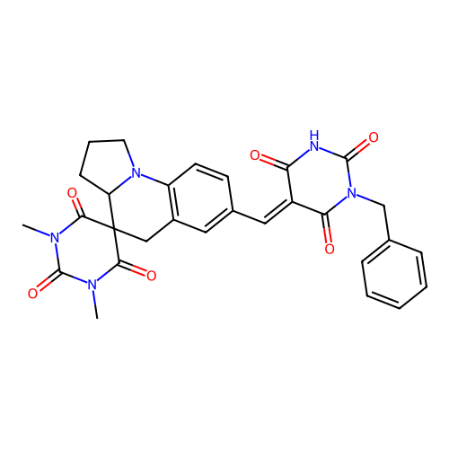 (E)-7'-((1-benzyl-2,4,6-trioxotetrahydropyrimidin-5(2H)-ylidene)methyl)-1,3-dimethyl-2',3',3a',5'-tetrahydro-1H,1'H-spiro[pyrimidine-5,4'-pyrrolo[1,2-a]quinoline]-2,4,6(3H)-trione structure
