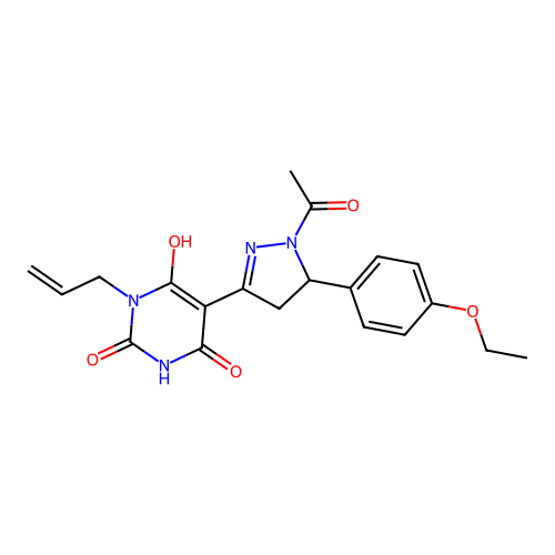 (Z)-5-(1-acetyl-5-(4-ethoxyphenyl)pyrazolidin-3-ylidene)-1-allylpyrimidine-2,4,6(1H,3H,5H)-trione structure