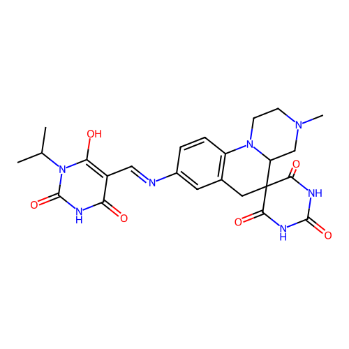 (Z)-8-(((1-isopropyl-2,4,6-trioxotetrahydropyrimidin-5(2H)-ylidene)methyl)amino)-3-methyl-1,2,3,4,4a,6-hexahydro-1'H-spiro[pyrazino[1,2-a]quinoline-5,5'-pyrimidine]-2',4',6'(3'H)-trione structure