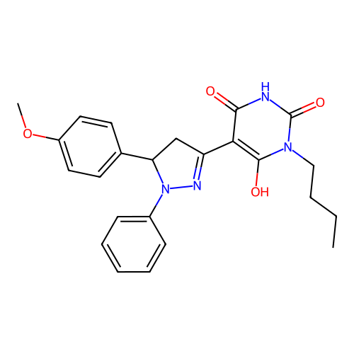1-butyl-5-[5-(4-methoxyphenyl)-1-phenylpyrazolidin-3-ylidene]-1,3-diazinane-2,4,6-trione structure