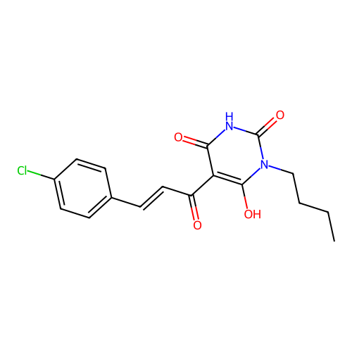 (E)-3-butyl-5-(3-(4-chlorophenyl)acryloyl)-6-hydroxypyrimidine-2,4(1H,3H)-dione structure