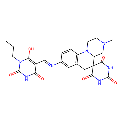 (Z)-3-methyl-8-(((2,4,6-trioxo-1-propyltetrahydropyrimidin-5(2H)-ylidene)methyl)amino)-1,2,3,4,4a,6-hexahydro-1'H-spiro[pyrazino[1,2-a]quinoline-5,5'-pyrimidine]-2',4',6'(3'H)-trione structure