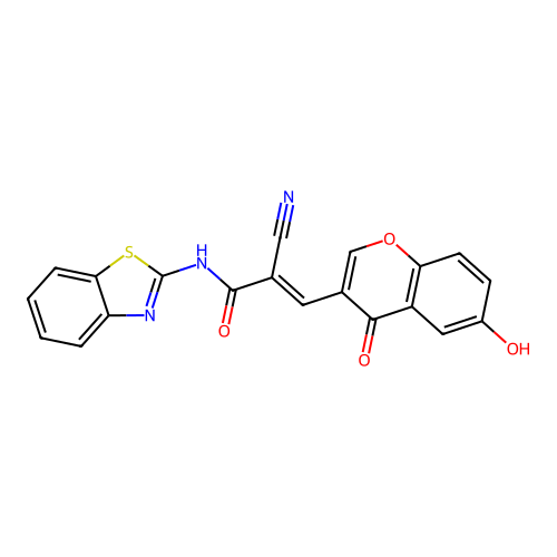 (E)-N-Benzothiazol-2-yl-2-cyano-3-(6-hydroxy-4-oxo-4H-chromen-3-yl)-acrylamide structure