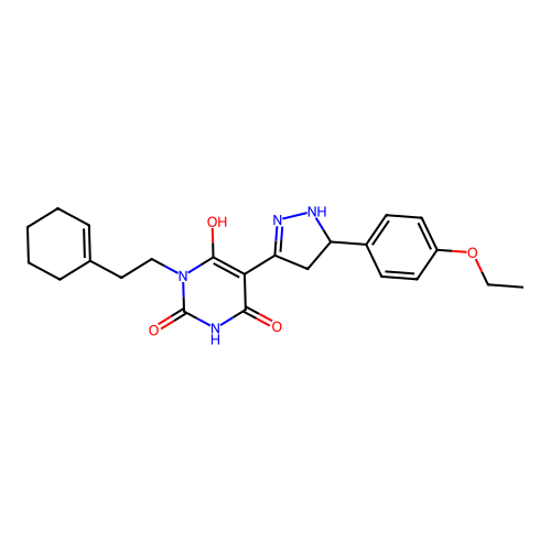 (Z)-1-(2-(cyclohex-1-en-1-yl)ethyl)-5-(5-(4-ethoxyphenyl)pyrazolidin-3-ylidene)pyrimidine-2,4,6(1H,3H,5H)-trione structure