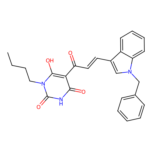 (E)-5-(3-(1-benzyl-1H-indol-3-yl)acryloyl)-3-butyl-6-hydroxypyrimidine-2,4(1H,3H)-dione structure