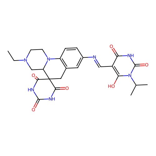 (5Z)-5-{[(3-ethyl-2',6'-dihydroxy-4'-oxo-2,3,4,4a-tetrahydro-1H,4'H,6H-spiro[pyrazino[1,2-a]quinoline-5,5'-pyrimidin]-8-yl)amino]methylidene}-6-hydroxy-3-(propan-2-yl)pyrimidine-2,4(3H,5H)-dione structure