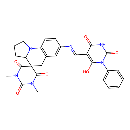 (E)-1,3-dimethyl-7'-(((2,4,6-trioxo-1-phenyltetrahydropyrimidin-5(2H)-ylidene)methyl)amino)-2',3',3a',5'-tetrahydro-1H,1'H-spiro[pyrimidine-5,4'-pyrrolo[1,2-a]quinoline]-2,4,6(3H)-trione structure