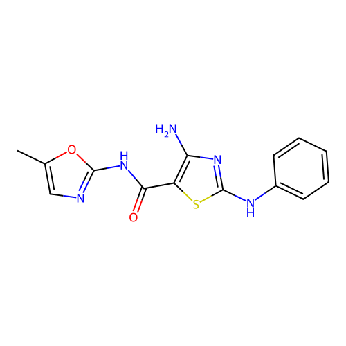 4-amino-2-anilino-N-(5-methyl-1,3-oxazol-2-yl)-1,3-thiazole-5-carboxamide structure