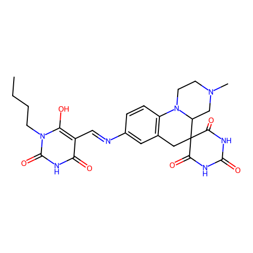 (Z)-8-(((1-butyl-2,4,6-trioxotetrahydropyrimidin-5(2H)-ylidene)methyl)amino)-3-methyl-1,2,3,4,4a,6-hexahydro-1'H-spiro[pyrazino[1,2-a]quinoline-5,5'-pyrimidine]-2',4',6'(3'H)-trione structure
