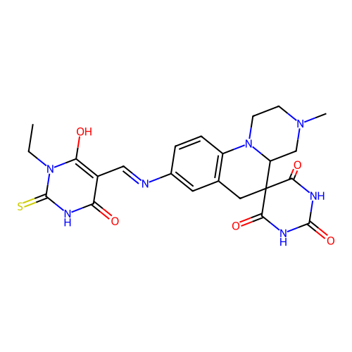 (Z)-8-(((1-ethyl-2-mercapto-4,6-dioxo-1,6-dihydropyrimidin-5(4H)-ylidene)methyl)amino)-3-methyl-1,2,3,4,4a,6-hexahydro-1'H-spiro[pyrazino[1,2-a]quinoline-5,5'-pyrimidine]-2',4',6'(3'H)-trione structure