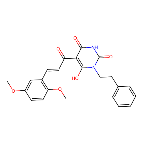 (E)-5-(3-(2,5-dimethoxyphenyl)acryloyl)-6-hydroxy-3-phenethylpyrimidine-2,4(1H,3H)-dione structure
