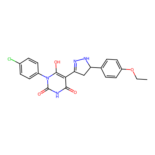 1-(4-chlorophenyl)-5-[5-(4-ethoxyphenyl)pyrazolidin-3-ylidene]-1,3-diazinane-2,4,6-trione structure