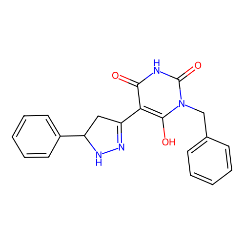 (Z)-1-benzyl-5-(5-phenylpyrazolidin-3-ylidene)pyrimidine-2,4,6(1H,3H,5H)-trione structure