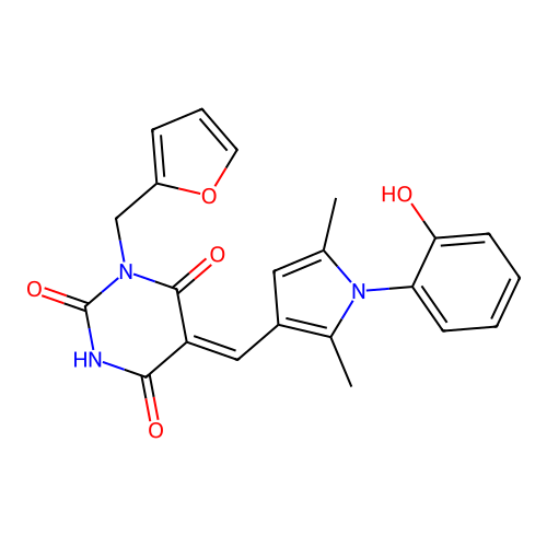 (5Z)-1-(furan-2-ylmethyl)-5-[[1-(2-hydroxyphenyl)-2,5-dimethylpyrrol-3-yl]methylidene]-1,3-diazinane-2,4,6-trione structure
