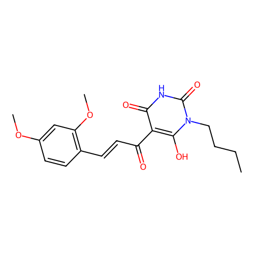(E)-3-butyl-5-(3-(2,4-dimethoxyphenyl)acryloyl)-6-hydroxypyrimidine-2,4(1H,3H)-dione structure