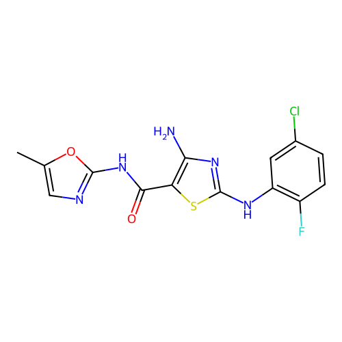 4-amino-2-((5-chloro-2-fluorophenyl)amino)-N-(5-methyloxazol-2-yl)thiazole-5-carboxamide structure