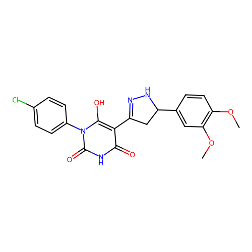 1-(4-chlorophenyl)-5-[5-(3,4-dimethoxyphenyl)pyrazolidin-3-ylidene]-1,3-diazinane-2,4,6-trione structure