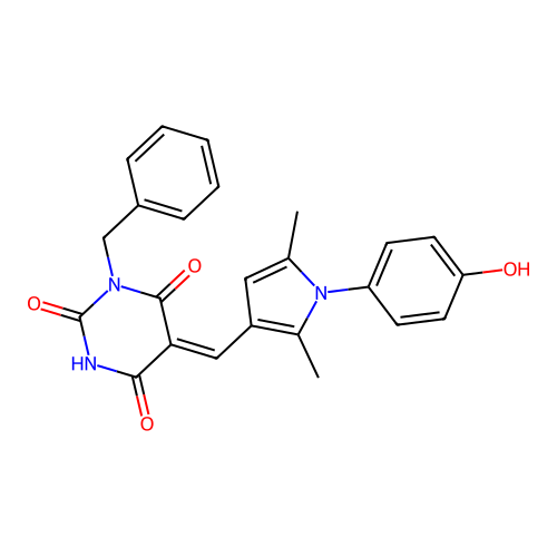 (5Z)-1-benzyl-5-[[1-(4-hydroxyphenyl)-2,5-dimethylpyrrol-3-yl]methylidene]-1,3-diazinane-2,4,6-trione structure
