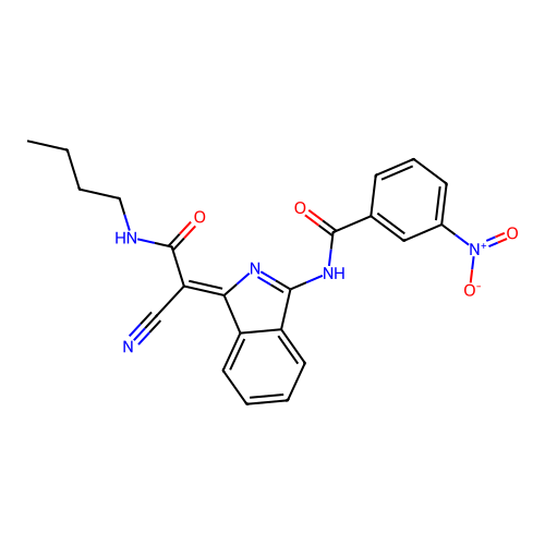 (Z)-N-(1-(2-(butylamino)-1-cyano-2-oxoethylidene)-1H-isoindol-3-yl)-3-nitrobenzamide structure