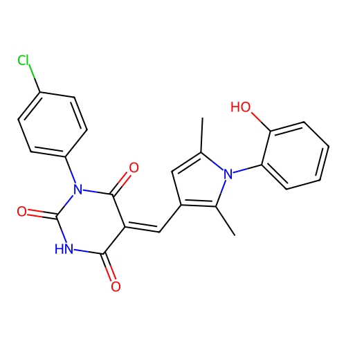 (5Z)-1-(4-chlorophenyl)-5-[[1-(2-hydroxyphenyl)-2,5-dimethylpyrrol-3-yl]methylidene]-1,3-diazinane-2,4,6-trione structure