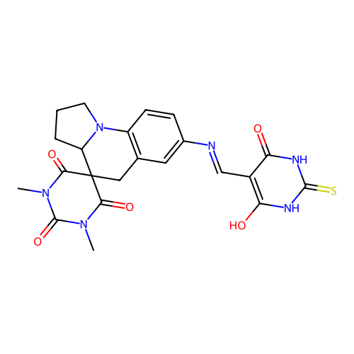 (Z)-7'-(((2-mercapto-4,6-dioxo-1,6-dihydropyrimidin-5(4H)-ylidene)methyl)amino)-1,3-dimethyl-2',3',3a',5'-tetrahydro-1H,1'H-spiro[pyrimidine-5,4'-pyrrolo[1,2-a]quinoline]-2,4,6(3H)-trione structure