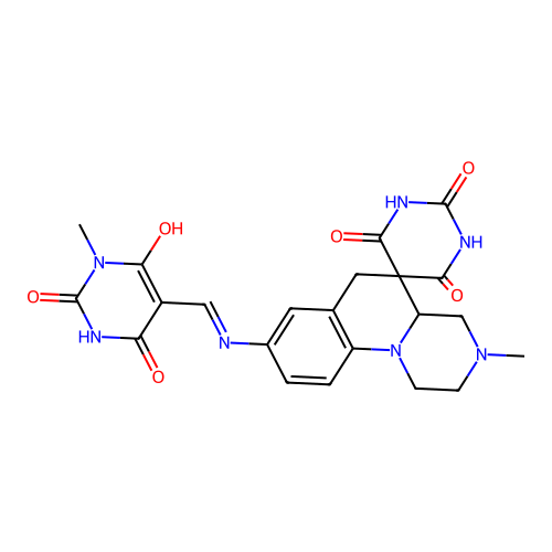 (Z)-3-methyl-8-(((1-methyl-2,4,6-trioxotetrahydropyrimidin-5(2H)-ylidene)methyl)amino)-1,2,3,4,4a,6-hexahydro-1'H-spiro[pyrazino[1,2-a]quinoline-5,5'-pyrimidine]-2',4',6'(3'H)-trione structure