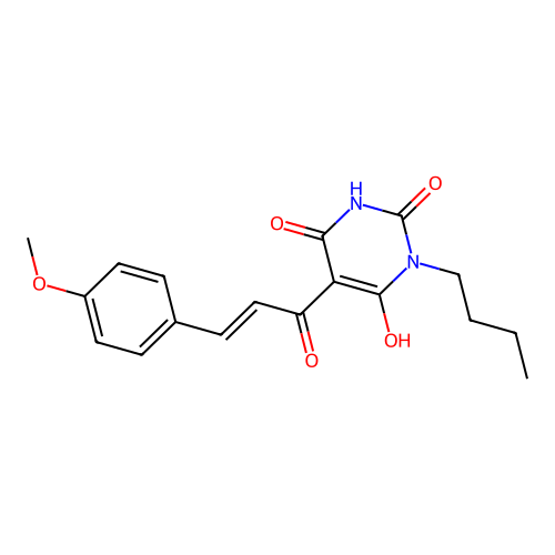 (E)-3-butyl-6-hydroxy-5-(3-(4-methoxyphenyl)acryloyl)pyrimidine-2,4(1H,3H)-dione structure