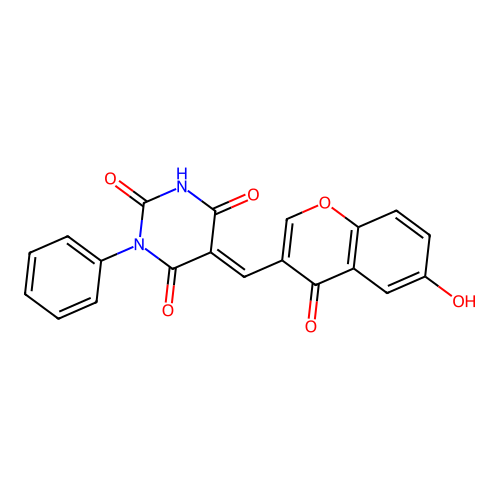 (5E)-5-[(6-hydroxy-4-oxochromen-3-yl)methylidene]-1-phenyl-1,3-diazinane-2,4,6-trione structure