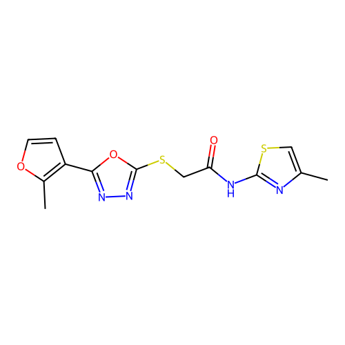 2-[[5-(2-methylfuran-3-yl)-1,3,4-oxadiazol-2-yl]sulfanyl]-N-(4-methyl-1,3-thiazol-2-yl)acetamide structure