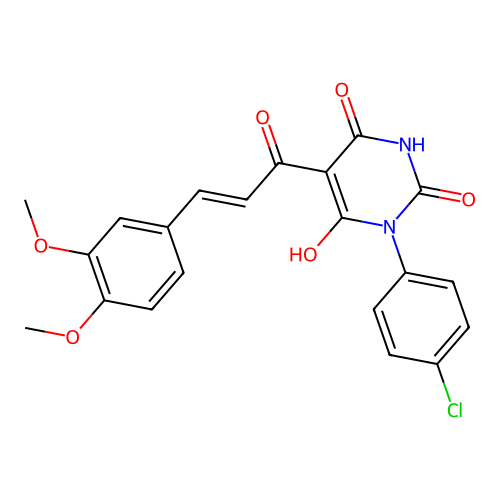 (E)-3-(4-chlorophenyl)-5-(3-(3,4-dimethoxyphenyl)acryloyl)-6-hydroxypyrimidine-2,4(1H,3H)-dione structure