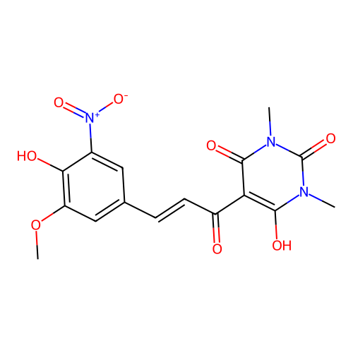 (E)-6-hydroxy-5-(3-(4-hydroxy-3-methoxy-5-nitrophenyl)acryloyl)-1,3-dimethylpyrimidine-2,4(1H,3H)-dione structure