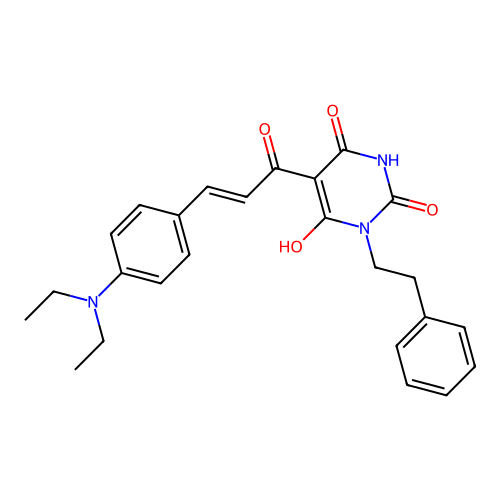 (E)-5-(3-(4-(diethylamino)phenyl)acryloyl)-6-hydroxy-3-phenethylpyrimidine-2,4(1H,3H)-dione structure