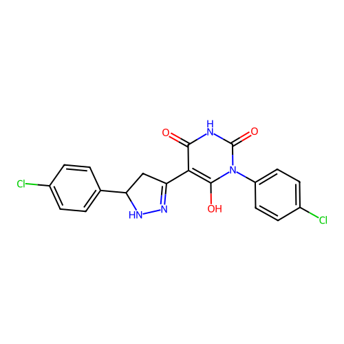 1-(4-chlorophenyl)-5-[5-(4-chlorophenyl)pyrazolidin-3-ylidene]-1,3-diazinane-2,4,6-trione structure