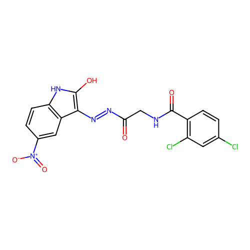 2,4-dichloro-N-[[(5-nitro-2-oxo-indol-3-yl)amino]carbamoylmethyl]benzamide structure