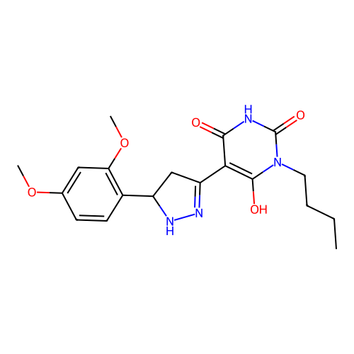 (Z)-1-butyl-5-(5-(2,4-dimethoxyphenyl)pyrazolidin-3-ylidene)pyrimidine-2,4,6(1H,3H,5H)-trione structure