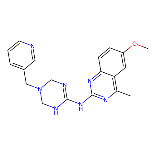 6-methoxy-4-methyl-N-(5-(pyridin-3-ylmethyl)-1,4,5,6-tetrahydro-1,3,5-triazin-2-yl)quinazolin-2-amine structure