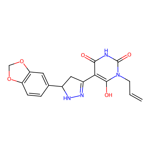 (Z)-1-allyl-5-(5-(benzo[d][1,3]dioxol-5-yl)pyrazolidin-3-ylidene)pyrimidine-2,4,6(1H,3H,5H)-trione structure