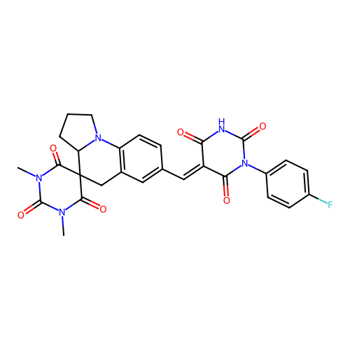 (E)-7'-((1-(4-fluorophenyl)-2,4,6-trioxotetrahydropyrimidin-5(2H)-ylidene)methyl)-1,3-dimethyl-2',3',3a',5'-tetrahydro-1H,1'H-spiro[pyrimidine-5,4'-pyrrolo[1,2-a]quinoline]-2,4,6(3H)-trione structure